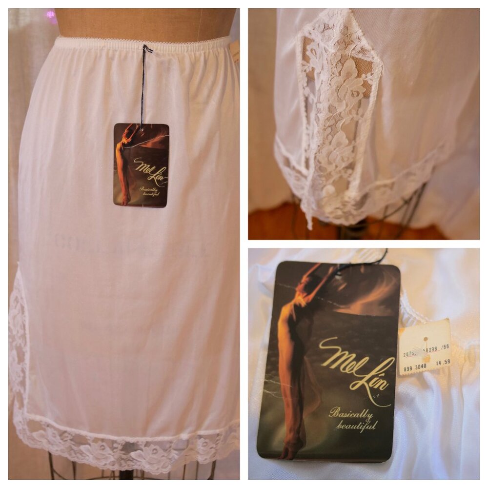 NWT Vintage MEL-LIN White Half Slip Skirt Petticoat LACE Nylon M Slit USA NOS